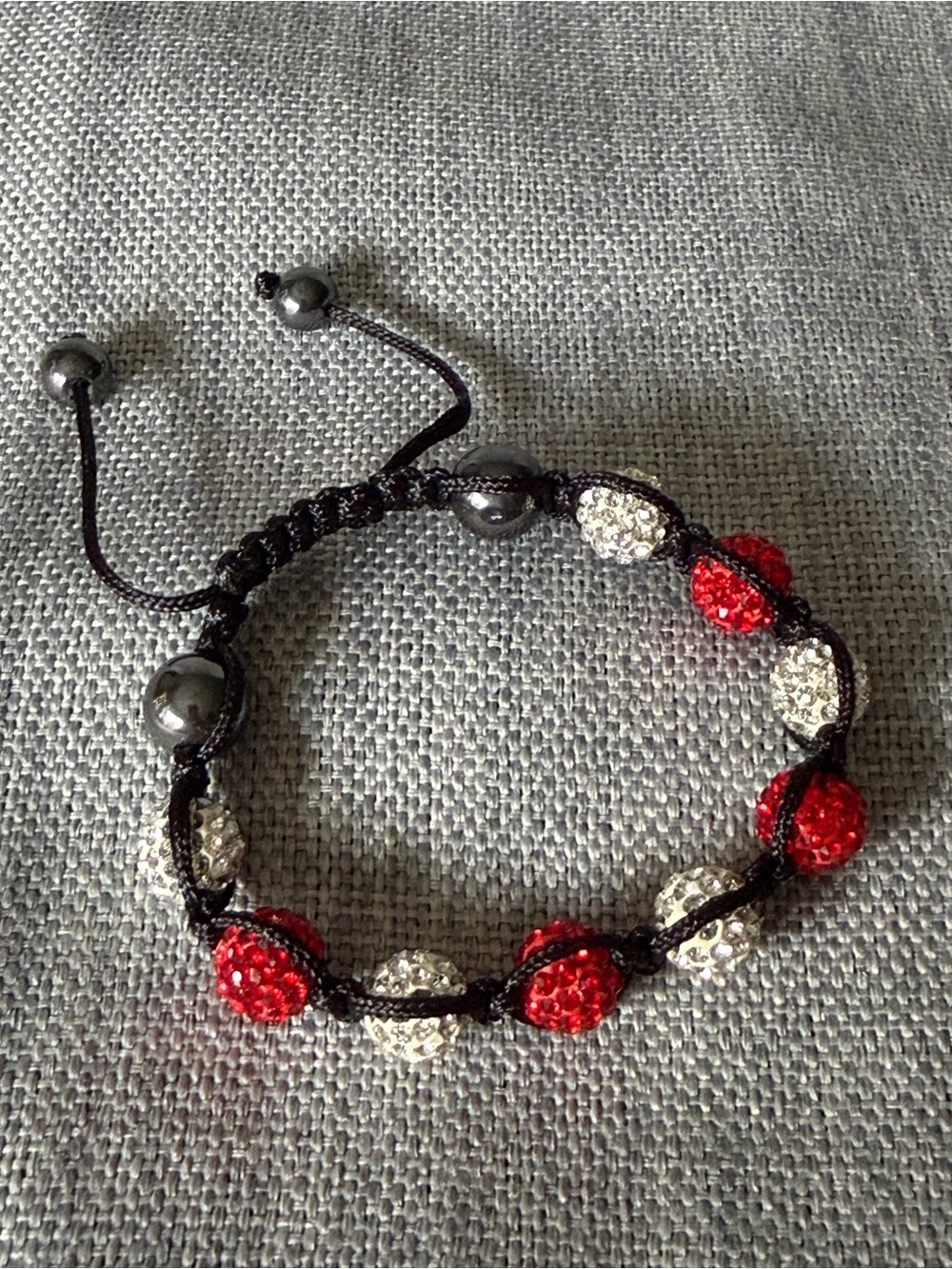 Red White Rhinestone Disco Ball Hematite Bead Macrame Bracelet Adjustable 7-10”